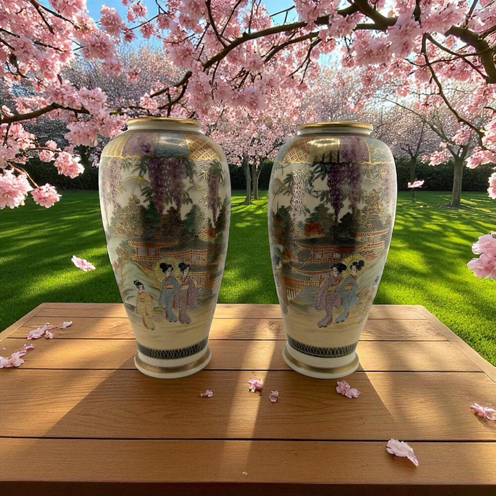 Antique Japanese Satsuma Mejii Period(late 1800-1912) Pair of 7.5" Vases Signed